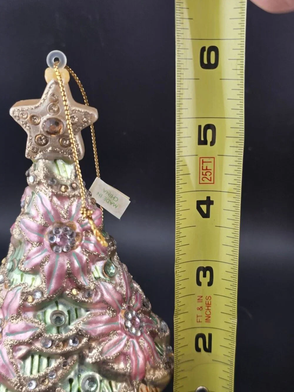Dillards Handcrafted Glitter Christmas Tree Ornament Pink Green & Rhinestones 5